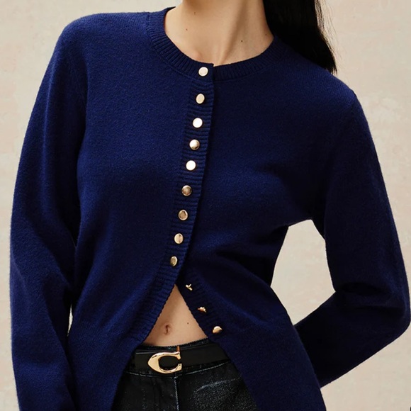 Commense Sweaters - Commence Navy Blue Cardigan Sweater Gold Button Down Preppy Chic Quiet Luxury